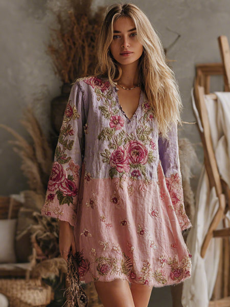 Vestido casual bohemio elegante con cuello en V y rosas rosas degradadas bordadas para mujer 