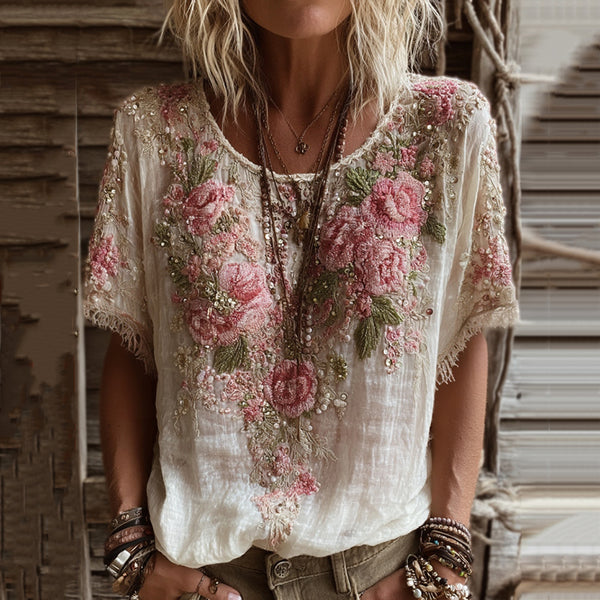 Camiseta de mujer de manga corta, cuello redondo y mezcla de lino con bordado de rosas rosas 