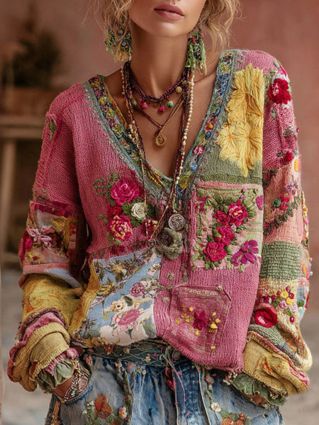 Women's Vintage Floral Embroidery Patchwork Art V-neck Pullover Cozy Knit Sweater