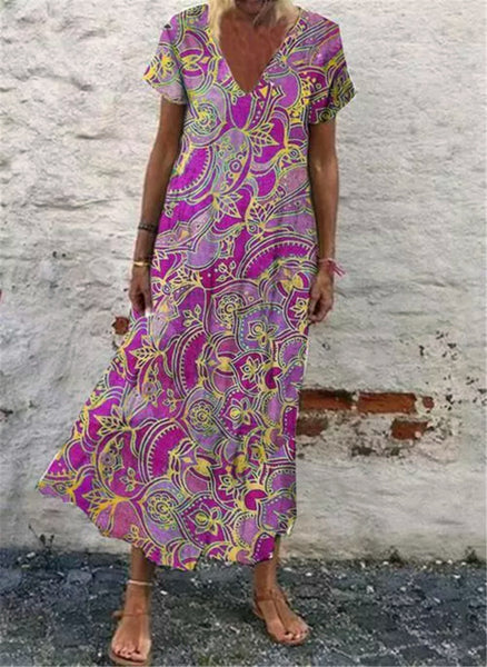 Vestido largo de talla grande, estilo boho floral, cuello en V, manga corta, ideal para primavera y verano. 