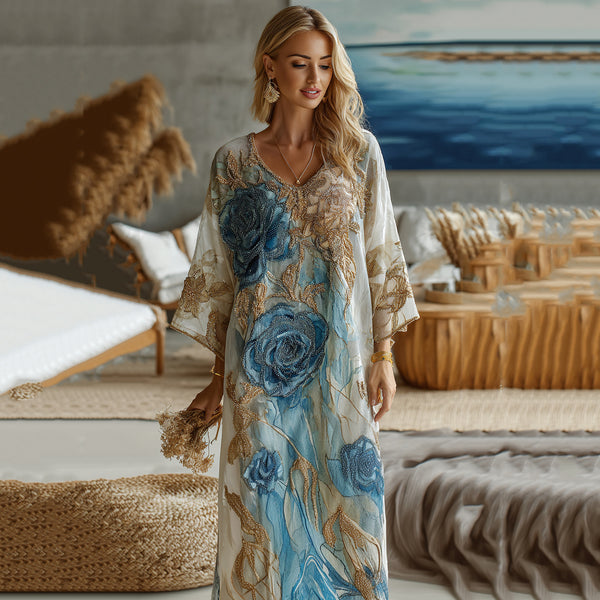 Vestido largo de lino con textura de mármol vintage para mujer, estilo degradado dorado con estampado de rosas. 