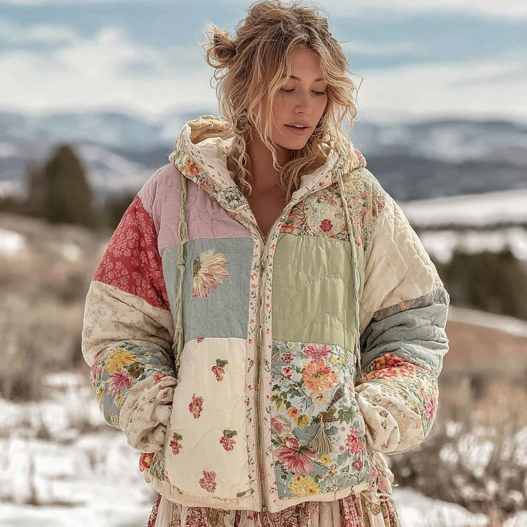 Women's Boho Floral Patchwork Quilted Warm Hooded Cotton Padded Clothes