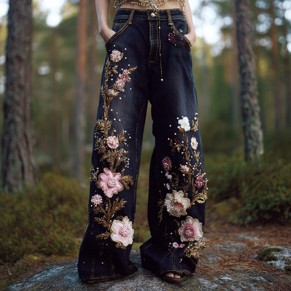 Pantalon long en jean pour femme, style bohème, broderie florale végétale, coupe ample, jambes larges et droites 