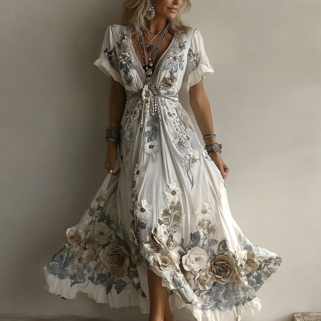 Vestido largo de manga corta con cuello en V y bordado de rosas retro para mujer 