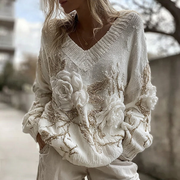 Women's Vintage White Rose Chunky Knit V-neck Sweater
