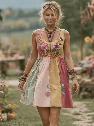 Vestido vintage bohemio sin mangas con paneles florales para mujer 