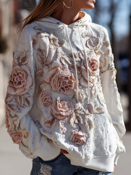 Sweat-shirt à capuche à manches longues pour femme, style bohème, rose 3D à sequins. 