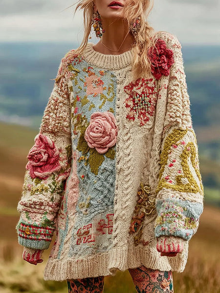 Women's Vintage Rose Floral Chunky Knit Warm Crew Neck Sweater