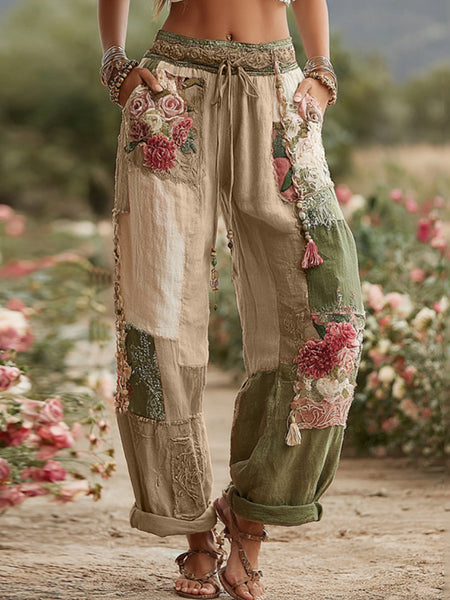 Pantalones de lino con diseño patchwork floral y de rosas retro de la colección Love &amp; Health 
