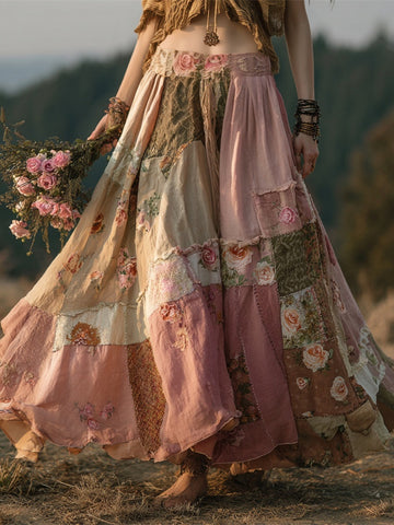 Vestido largo fluido de mujer estilo boho vintage con estampado floral patchwork 