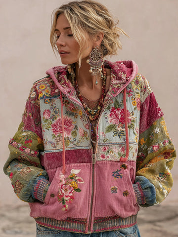 Sudadera con cremallera y bordado floral vintage para mujer 