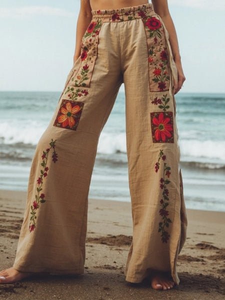 Pantalones casuales de mujer con estampado floral étnico 