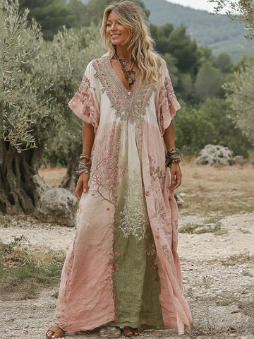 Vestido maxi cómodo de lino con degradado floral de rosas vintage para mujer 