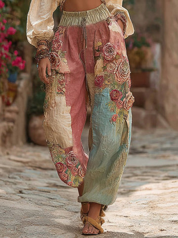 Pantalon décontracté rétro pour femme avec surpiqûres roses colorées 