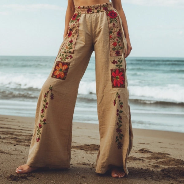 Pantalones casuales de mujer con estampado floral étnico 