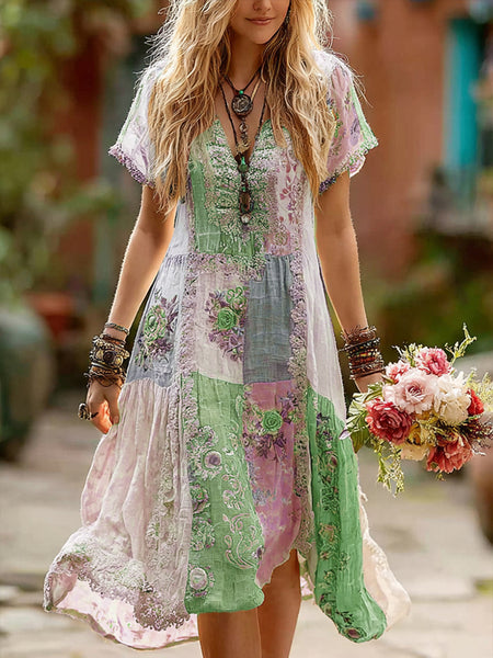 Vestido largo de algodón y lino con estampado floral retro para mujer 