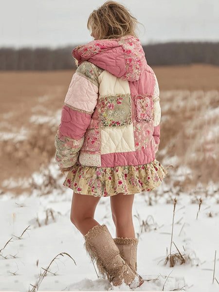 Ropa acolchada con capucha de algodón cálido con patchwork floral para mujer 