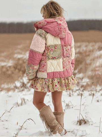 Ropa acolchada con capucha de algodón cálido con patchwork floral para mujer 