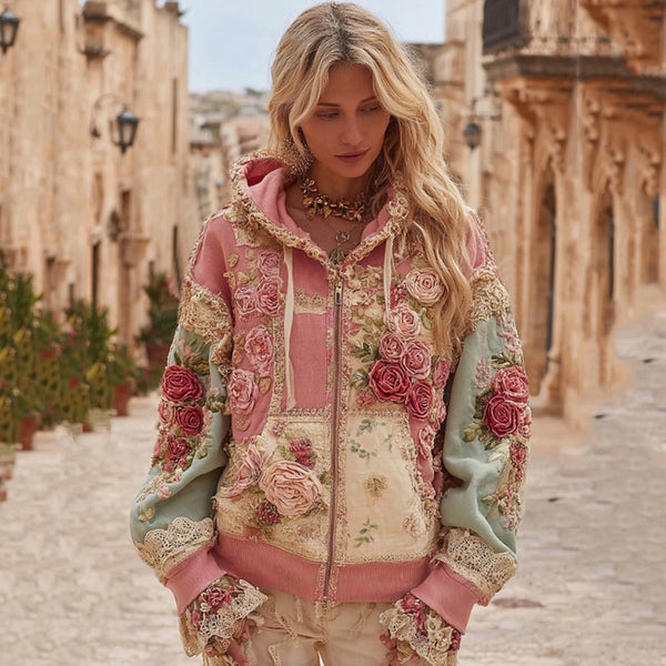 Vintage Floral Embroidery Patchwork Art Cozy Zipper Hoodie
