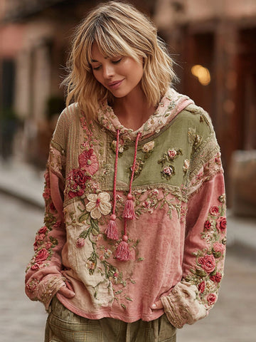Sudadera con capucha informal estilo boho con bloques de color y bordado floral para mujer 