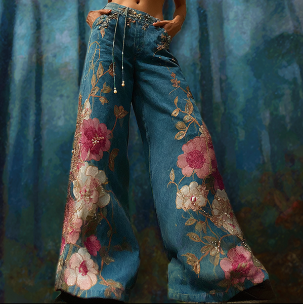 Pantalones vaqueros largos de mujer estilo bohemio con bordado de flores y plantas, corte holgado, pierna ancha y rectos. 
