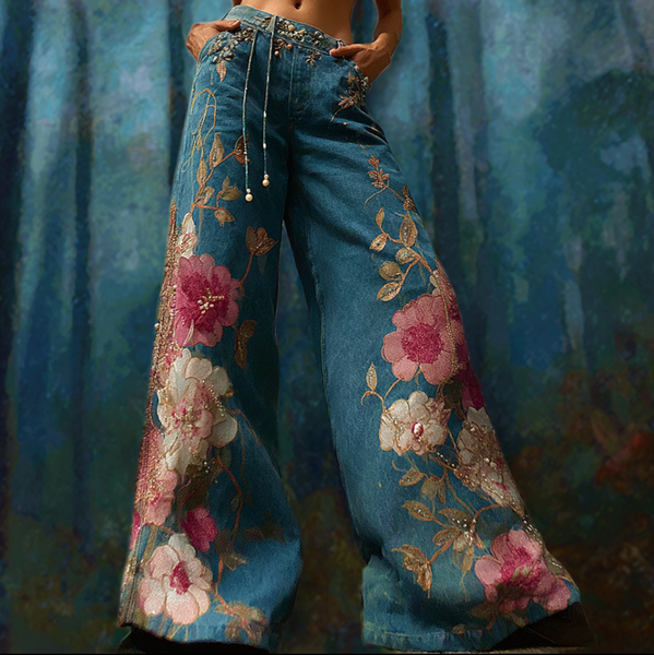 Pantalon long en jean pour femme, style bohème, broderie florale végétale, coupe ample, jambes larges et droites 