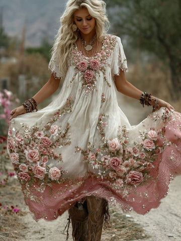 Vestido midi de manga corta para mujer, de mezcla de lino y bordado floral rosa. 