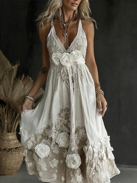Women's Vintage Rose Embroidery Art V-neck Casual Camisole Dress