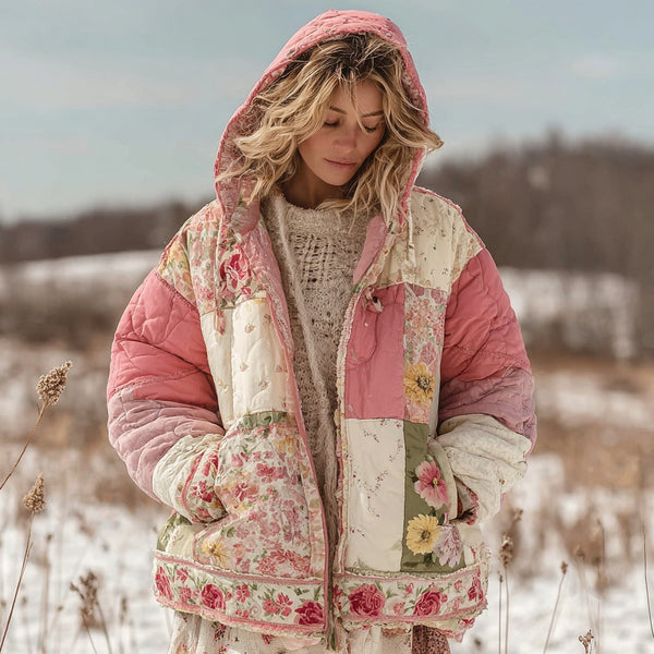 Vêtements chauds matelassés à capuche en coton à patchwork floral pour femmes 