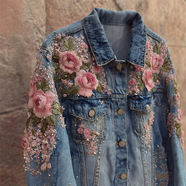 Chaqueta vaquera lavada con bordado de cuentas y purpurina con rosas rosas estilo boho 