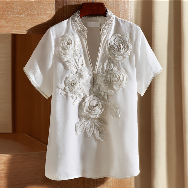 Top de mujer con cuello en V y estampado retro de rosas blancas con destellos 