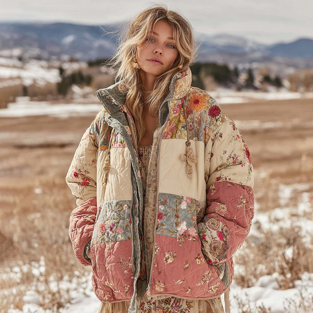 Women's Boho Floral Patchwork Creative Quilted Warm Cotton Padded Clothes