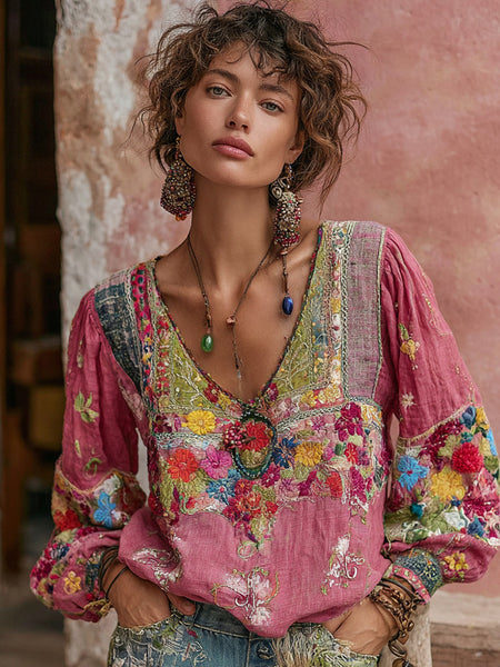 T-shirt à manches longues en lin mélangé, imprimé floral bohème brodé, col en V 