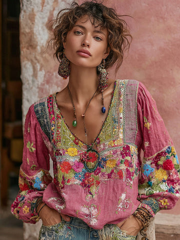 Camiseta de mujer de lino con cuello en V, manga larga y estampado floral bohemio bordado. 