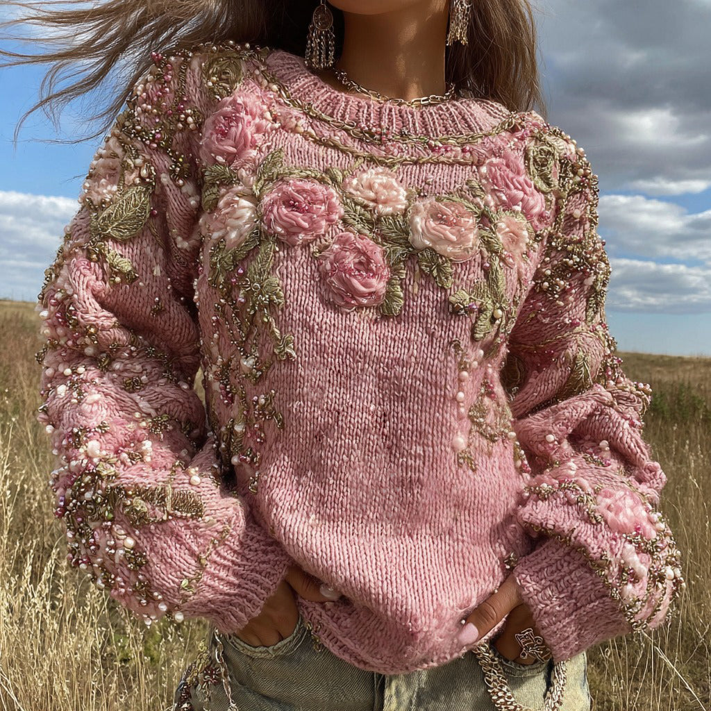 Vintage Rose Embroidery Art Beaded Cozy Knit Sweater