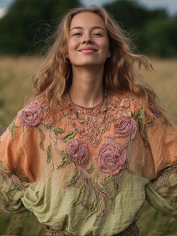 Vestido de manga larga con cuello redondo y bordado floral tie-dye para mujer. 
