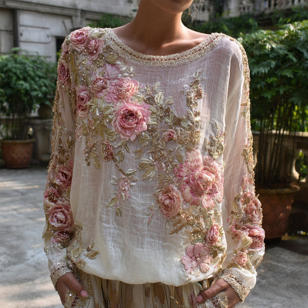 "boho Pink Roses Embroidered Vintage Breathable  Linen Tunic"