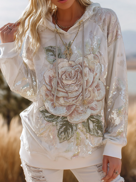 Sudadera de manga larga con capucha para mujer, estilo bohemio, con rosa rosa 3D y lentejuelas. 