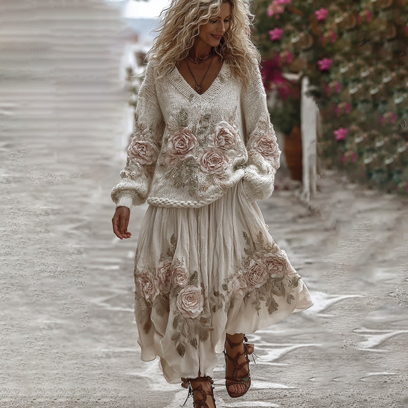 Classic Rose Art Cozy Knit V Neck Sweater And Linen Skirt Two-piece Set