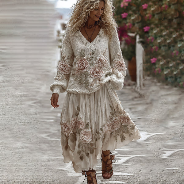Classic Rose Art Cozy Knit V Neck Sweater And Linen Skirt Two-piece Set