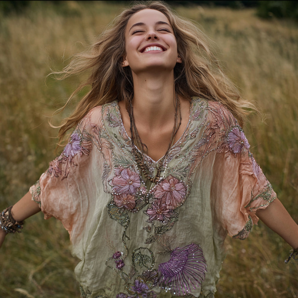 Women's Flower Embroidery V-neck Sunset And Grassland Color Matching Short-sleeved Shirt