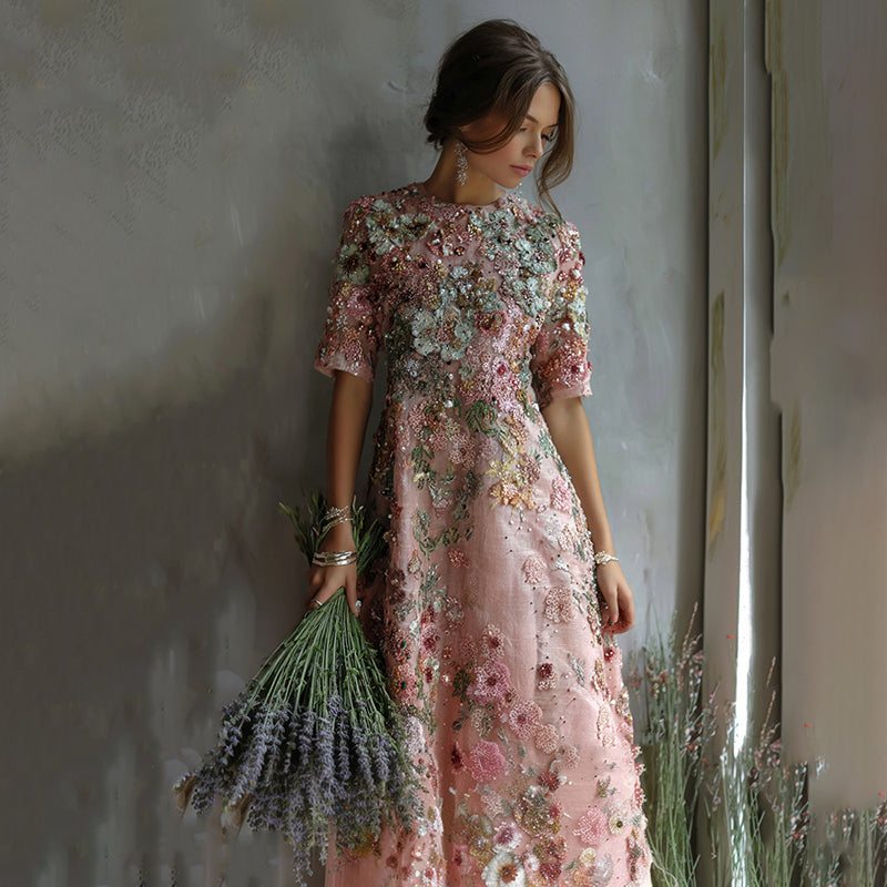 Vestido largo floral con lentejuelas y pintura al óleo, un diseño inspirado en el arte de la salud. 