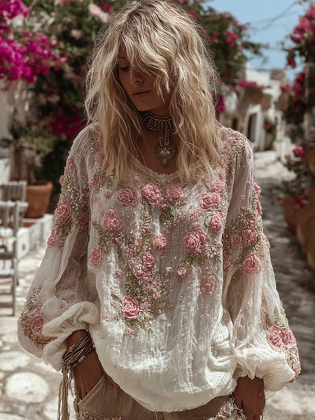 Women's Vintage Pink Rose Embroidery Casual Crew Neck Shirt