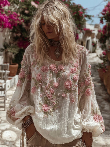 Camisa informal de cuello redondo con bordado de rosas rosas vintage para mujer 