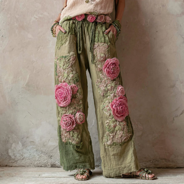 Pantalones rectos de lino con estampado floral bordado vintage 