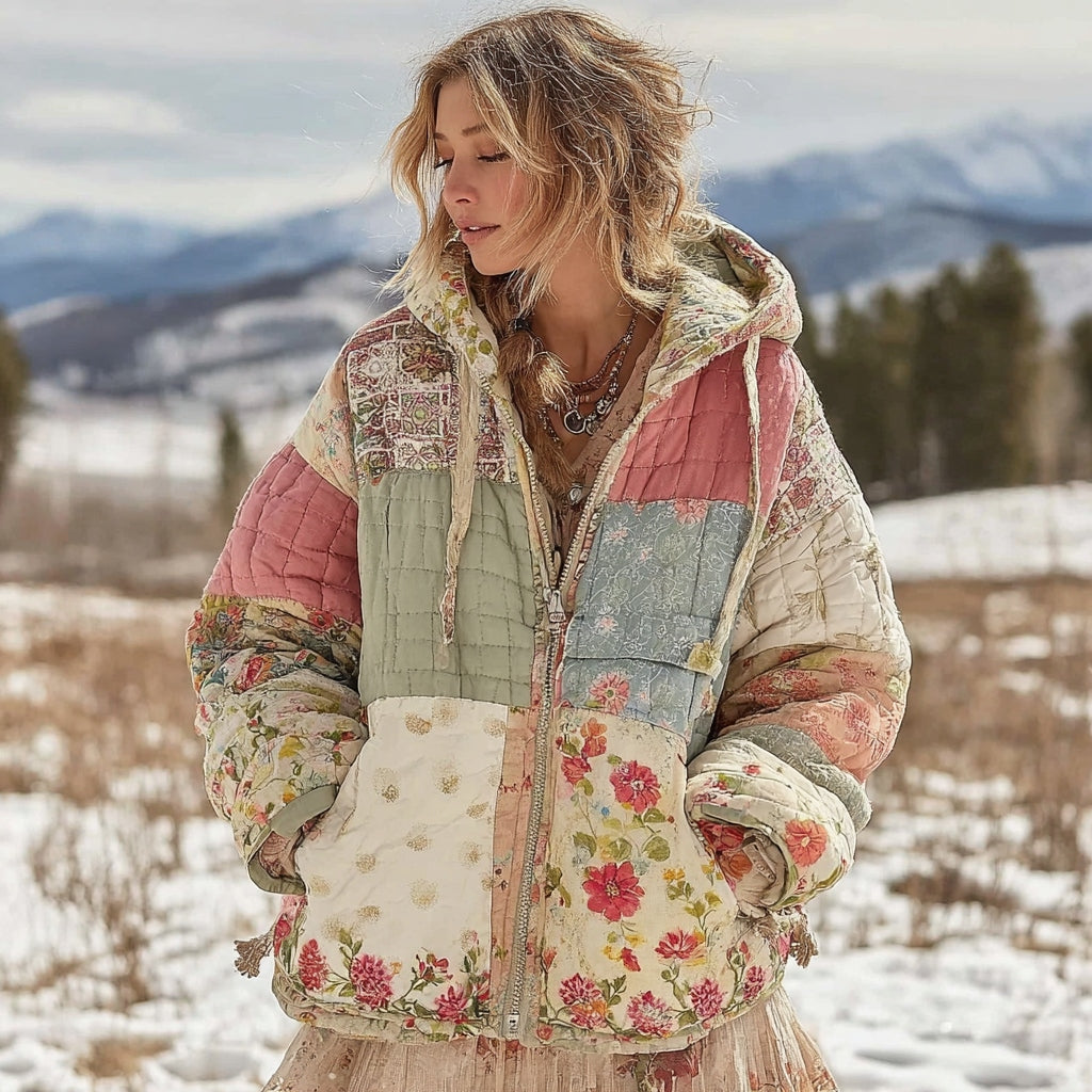 Ropa acolchada de algodón cálido con diseño floral patchwork creativo para mujer 