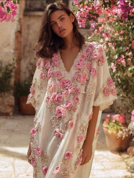 Robe longue bohème d'été rose et blanche à sequins et broderie 3D scintillante, col en V, manches courtes effet usé 