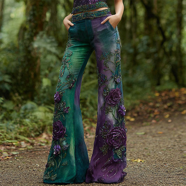 Pantalones vaqueros rectos acampanados con estampado degradado de rosas bordadas para mujer 