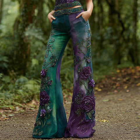 Pantalon en jean évasé droit à motif dégradé brodé de roses pour femme 