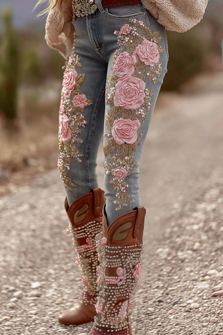 Jeans vintage para mujer con bordado floral de rosas 